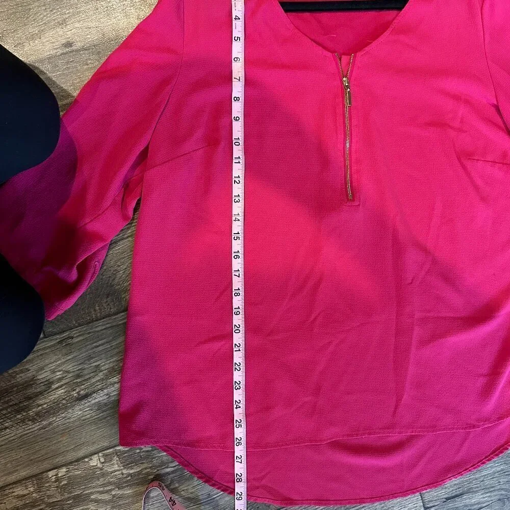 Hot Pink 3/4 Sleeve Women's Blouse Gold Zipper - Picture 5 of 9